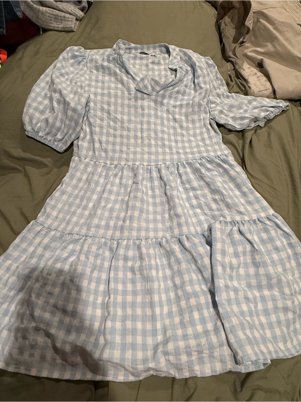Light Blue Gingham Tiered Casual Dress